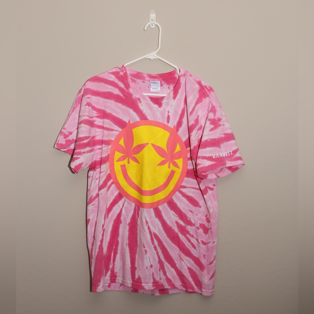 Pink Tye Dye Harvest Smiley Face T shirt - Size Large